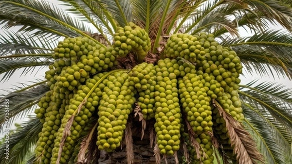 Fototapeta A large bunch of bananas hanging from a tree in the jungle, AI