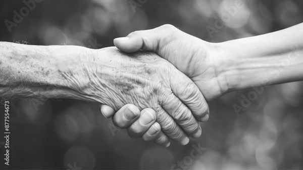 Fototapeta A black and white photograph capturing the handshake between an elderly person and a young individual, symbolizing unity.
