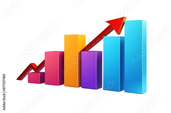 Fototapeta Minimalist 3D icon depicting a bar graph with an arrow, representing soaring finances and strengthening currency, on a transparent background. Ideal for financial analysis visuals.