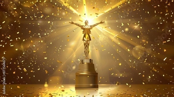 Obraz Golden winner's stand with shining star for product showcase. It has glowing light beams with confetti raining from above.