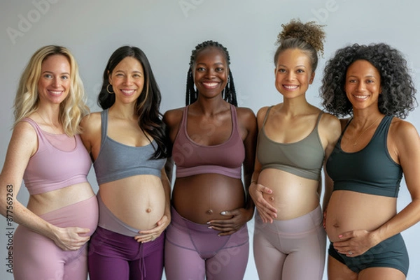 Obraz photo of a group of multicultural pregnant women standing and smiling fitness clothing , full body view , studio background