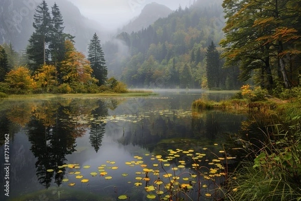 Fototapeta Tranquil Foggy Morning at a Mountain Lake With Autumn Colors and Lily Pads