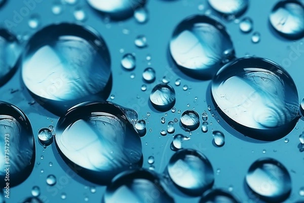 Fototapeta Macro shot of water droplets on a blue surface with a reflective quality