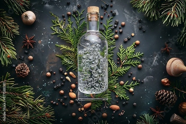 Fototapeta A bottle of premium gin surrounded by juniper berries and botanicals