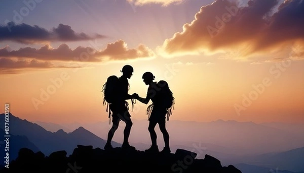 Fototapeta silhouette of the climber helping the other climber for reaching the top of mountain, cloudy sky at sunset time, copy space for text
