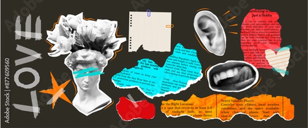 Obraz Collection and set of design elements in modern trendy design. Retro collage in halftone style and pieces of torn and crumpled paper. Stationery tape. A sheet . Concept for the web. Sculpture. Vector