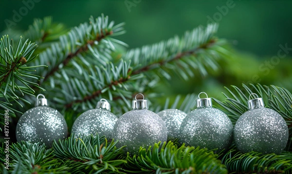 Fototapeta Elegant New Year's concept with New Year's silver balls and fir branches. Close up Christmas decorations. 