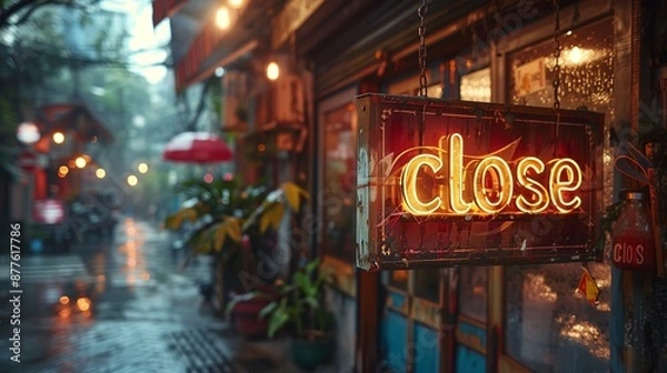 Fototapeta A vibrant red neon sign spelling 'close' stands out against a softly lit, bokeh-filled street scene at dusk.