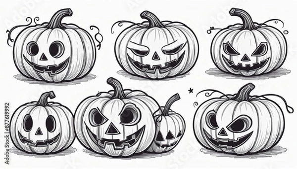 Obraz Collection of vintage hand-drawn pumpkin lantern illustrations for a fun and festive Halloween celebration