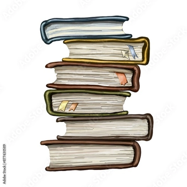 Fototapeta Stack of books with visible tabs. Side view. Can be used for educational institutions, libraries, stationery supplies, publishers, offices, tutoring center, researchers, designers, or software logo