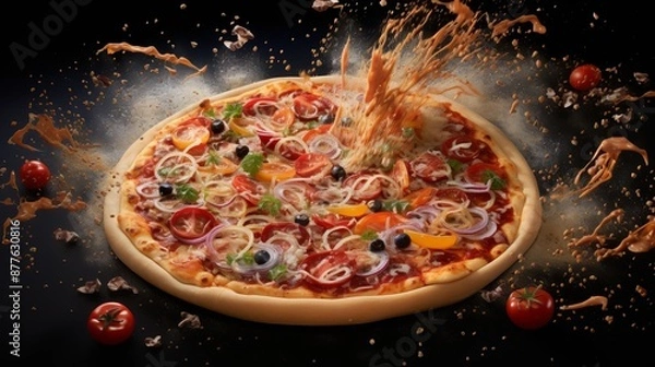 Fototapeta A colorful pizza topped with various vegetables is splashed with a burst of sauce, creating a dynamic explosion effect around it