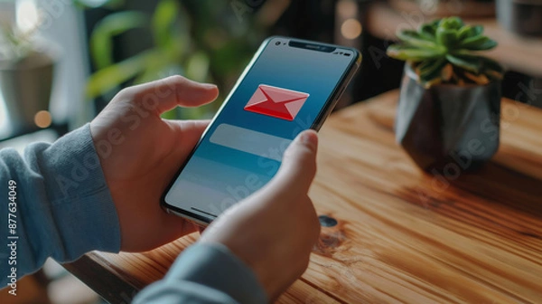 Obraz Man using smartphone at table ,closeup. Spam message notification on device screen, illustration