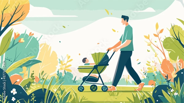 Obraz An asian young father walking with baby stroller in t