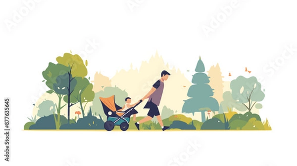 Obraz An asian young father walking with baby stroller in t