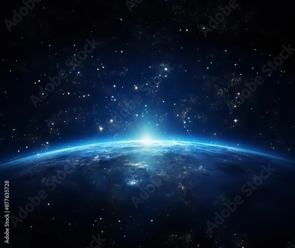 Fototapeta A breathtaking view of Earth from space as the sun rises over the horizon, casting a warm glow on the planet's surface.