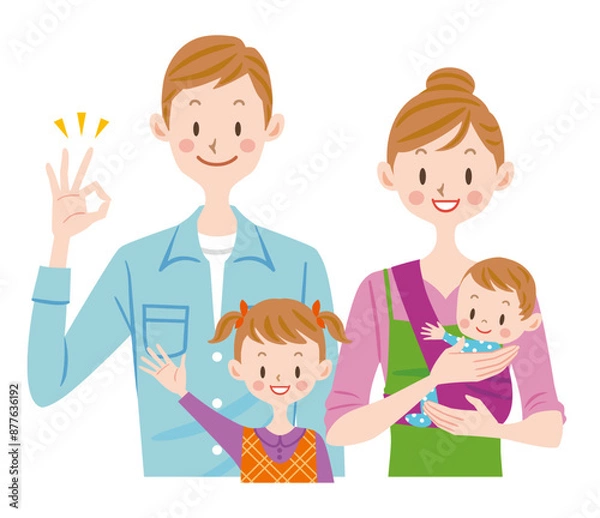 Fototapeta 仲良し家族のイラスト　赤ちゃん　女の子　ファミリー　