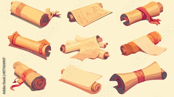 Fototapeta Ancient paper scrolls and documents icons. Simple dip