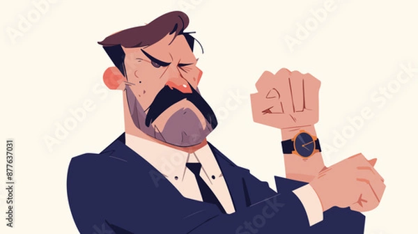 Obraz Angry boss pointing at wrist watch. flat vector style