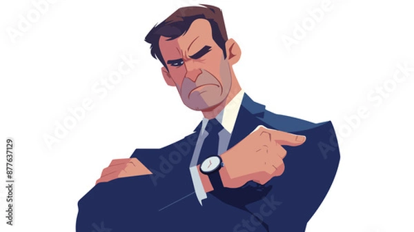 Obraz Angry boss pointing at wrist watch. flat vector style