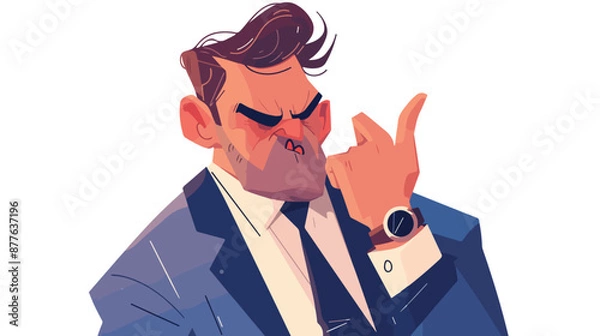 Obraz Angry boss pointing at wrist watch. flat vector style