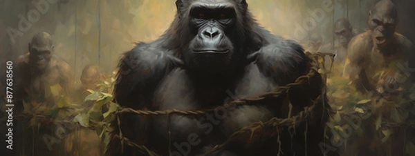 Obraz A powerful gorilla, black fur and red eyes, trapped in vines, evokes a sense of captivity and struggle. 

