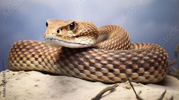 Obraz A close-up of a brown and white rattlesnake on sand, a wildlife image with a sense of danger and mystery. 

