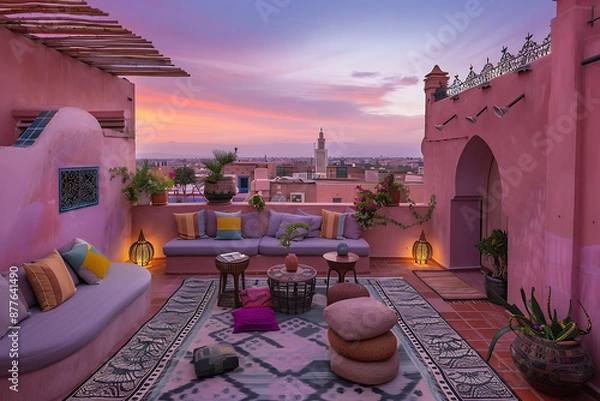 Obraz Pink Moroccan rooftop terrace with sunset views, perfect for relaxing and enjoying the warm evening air. 

