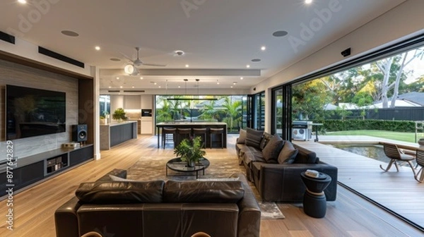 Obraz contemporary suburban home with an integrated indoor and outdoor sound system that allows for seamless audio experiences throughout the property