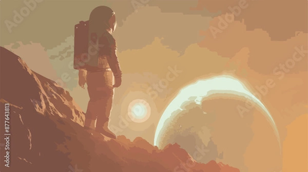 Fototapeta Astronaut unknown planet in the background light ray.