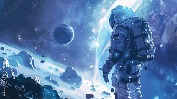 Fototapeta Astronaut unknown planet in the background light ray.