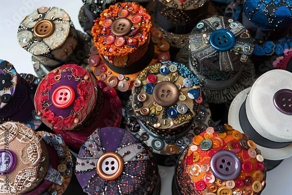 Fototapeta A collection of button-adorned hats, each a masterpiece of millinery