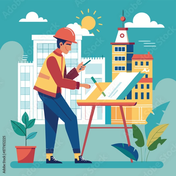 Fototapeta Adobe Illustrator Artwork-flat-illustration-of-an-architect-drawing-building