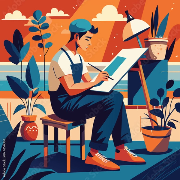 Fototapeta a-flat-illustration-of-an-artist-sketching-in-a-notebook