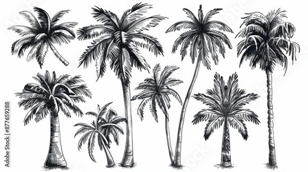 Obraz Artistic representation of seven palm trees, showcasing a range of styles and forms in black and white sketches, emphasizing the diversity of palm tree anatomy.