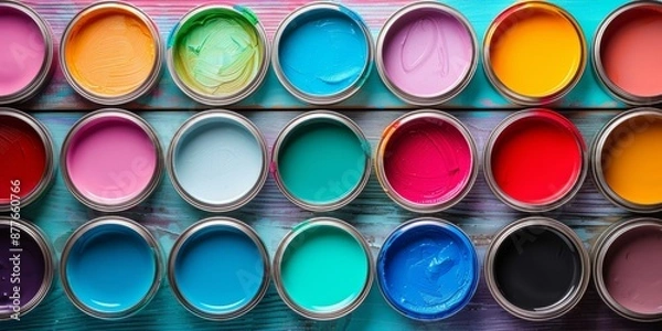 Fototapeta Colorful paint cans in neat rows on wooden table, featuring vibrant hues ideal for renovation, interior design inspiration, and artistic projects.