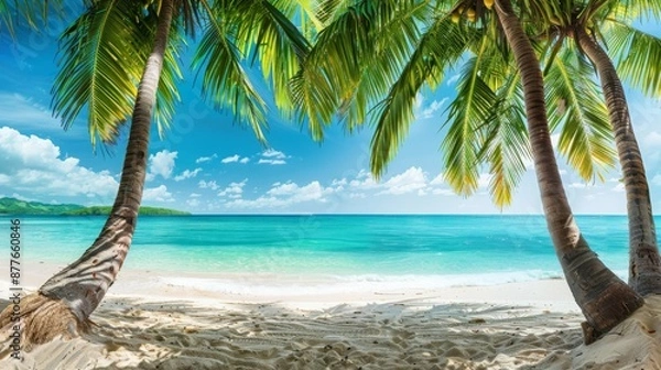 Obraz A view from under the shade of lush palm trees, revealing a sandy tropical beach meeting the vibrant blue sea, evoking a sense of calm and serenity in paradise.