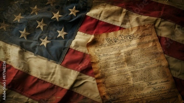 Obraz An aged document featuring the 'We the People' text prominently displayed atop an American flag backdrop, symbolizing the birth of American governance and foundational principles.