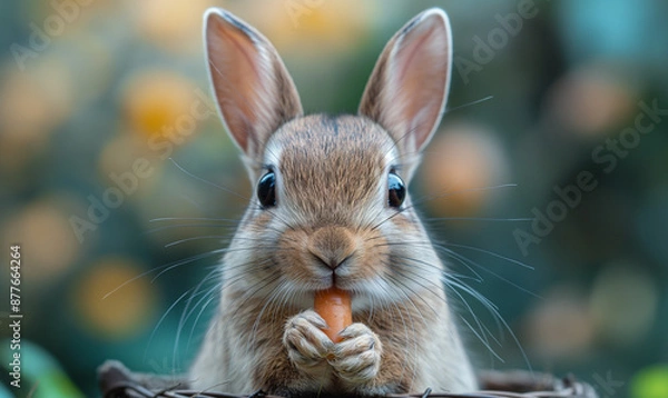 Fototapeta A charming scene of a petite rabbit munching on a carrot amidst a lush green field.