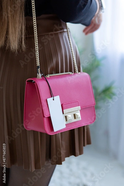 Fototapeta A stylish girl is going on a date with new brand pink bag