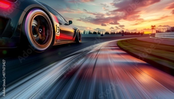 Fototapeta Racing car speeding on track in the glowing light of the evening sunset, fast and dynamic scene