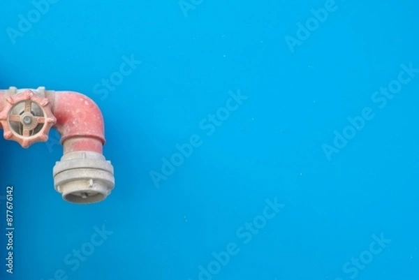 Obraz A photo of red grey small water pipe wth a small wheel in a background of a blue wall