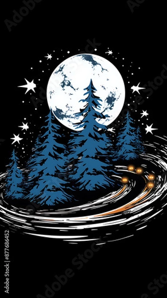 Obraz A  moonlit forest,  blue, white, and orange,  illustrates  a  magical  night  journey. 