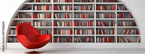 Fototapeta Red chair, white shelves, and colorful books create a cozy reading nook, inviting relaxation and escape. 