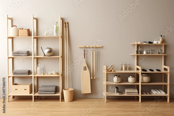 Fototapeta Minimalist wooden shelves with natural light and neutral tones create a serene and organized space for a modern home. 
