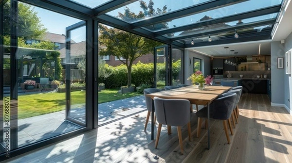Obraz Contemporary suburban home with a glass-enclosed conservatory that serves as a dining room and connects to the garden