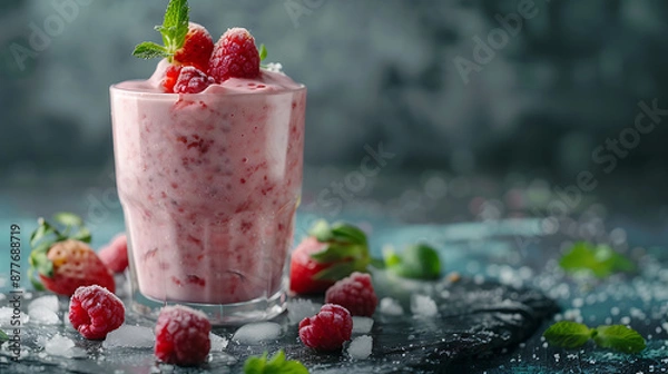 Fototapeta Refreshing pink raspberry smoothie with ice and mint, perfect for summer. 