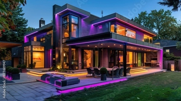 Obraz Contemporary suburban home with an interactive outdoor LED lighting system that responds to music played in the backyard