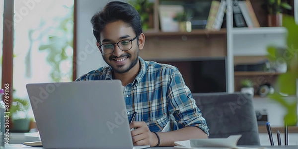 Obraz Smiling man in blue plaid shirt working on laptop, positive energy, modern office setting, freelance work, success. 
