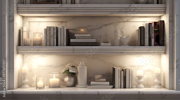 Fototapeta White marble bookshelf with candles and books, creating a warm and inviting atmosphere for home decor. 