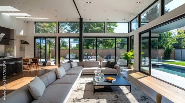 Obraz Contemporary suburban home with floor-to-ceiling, polarized windows that automatically tint based on sunlight intensity